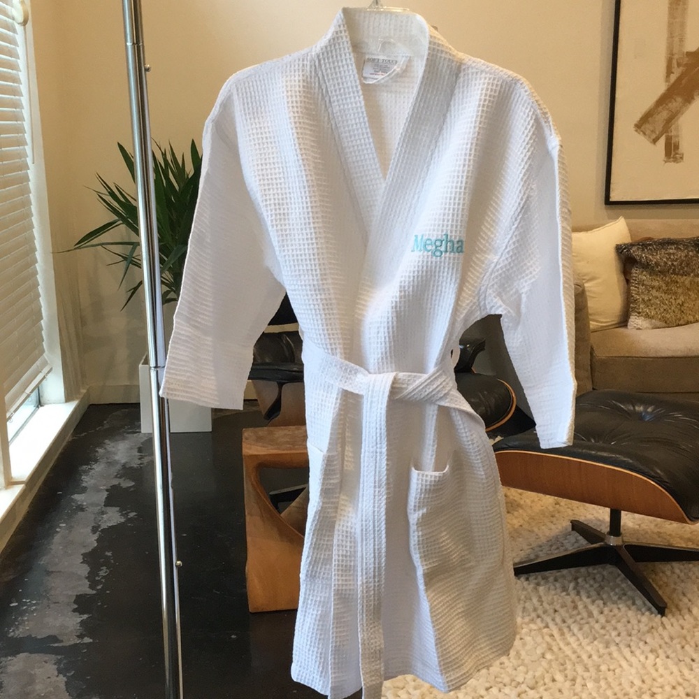 White waffle robe with”Meghan” embroidered in blue